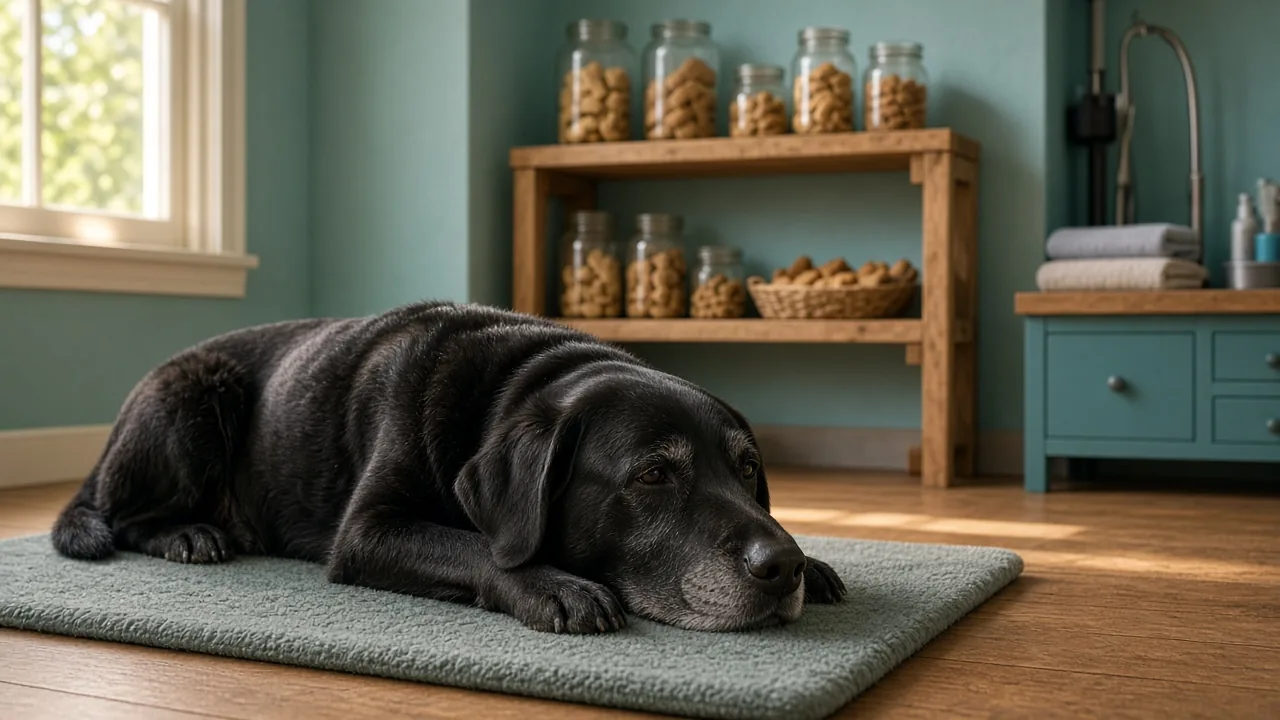 A calm senior black labrador resting on a soft mat in a cozy grooming room with teal walls and a wooden shelf of treat jars